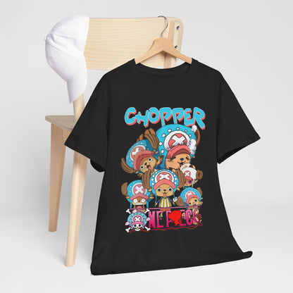 Trendy black t-shirt showcasing a vibrant graphic design of Chopper from anime, perfect for stylish fans.