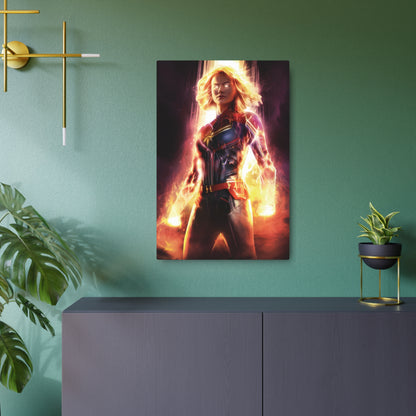 Elegant presentation of the Captain Marvel Metal Art Poster in a chic room, highlighting the vibrant colours and detailed craftsmanship.