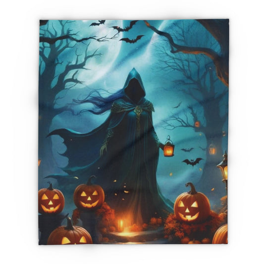 Luxurious Decorative and Warm Halloween Spooky Arctic Fleece Blanket displaying a mysterious cloaked figure with a lantern, flanked by cheerful jack-o'-lanterns and bats, ideal for enhancing Halloween elegance.