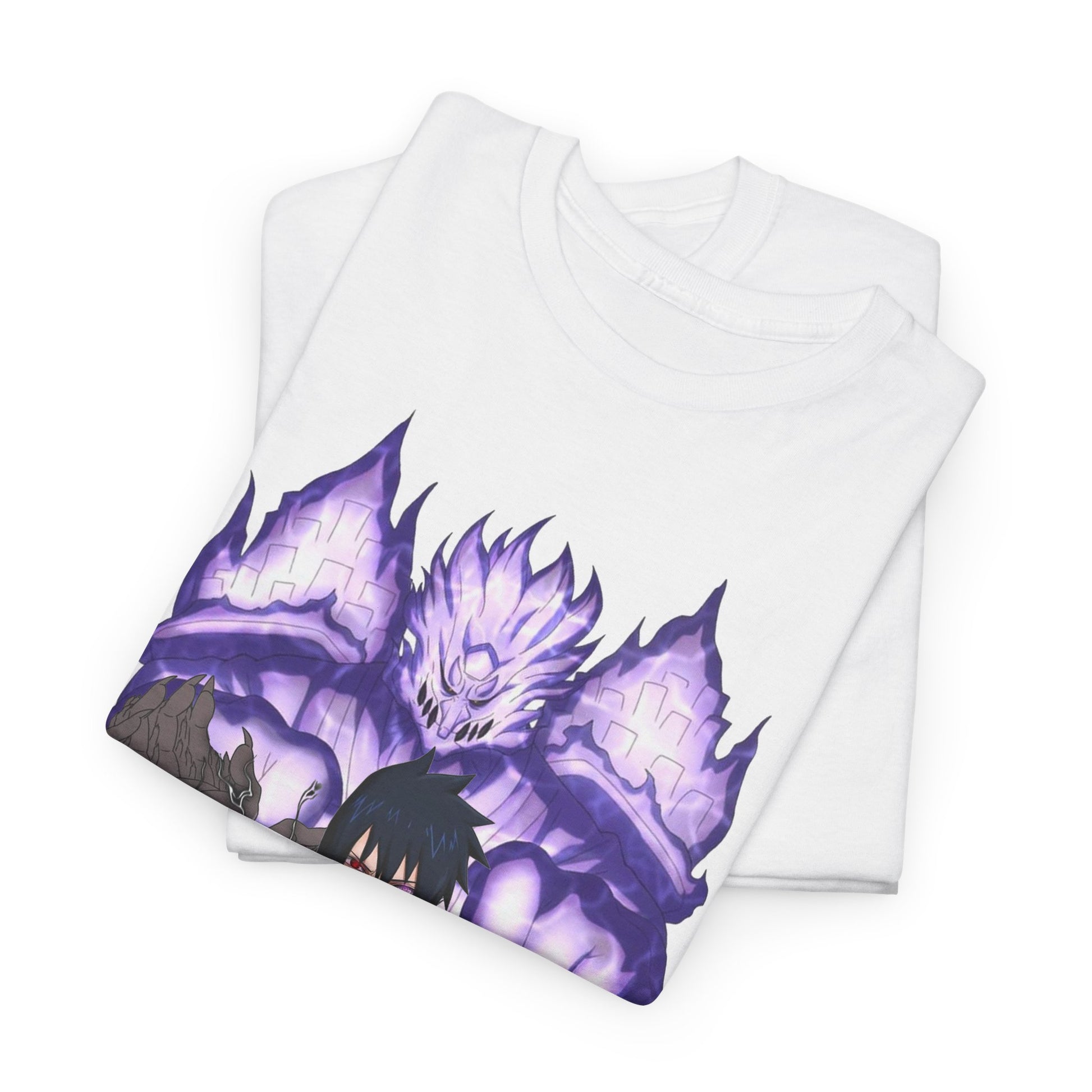 Luxurious Sasuke graphic tee featuring a striking illustration of the character against a vivid purple backdrop, showcasing intricate Japanese characters for anime enthusiasts.