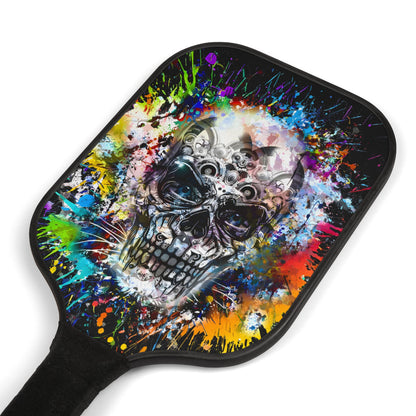 Close-up of the Urban Splash Skull Pickleball paddle, featuring intricate skull artwork and vibrant colors, highlighting luxury and style in your game.