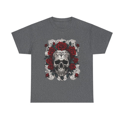 Stylish Skulls and Roses Cotton Tee in a sophisticated grey tone showcasing a captivating skull design surrounded by roses, ideal for a unique wardrobe.