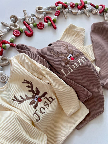Luxurious family Christmas Reindeer Lounge Set by DreamBuy featuring custom embroidered festive design, perfect for cozy family gatherings and holiday photos.