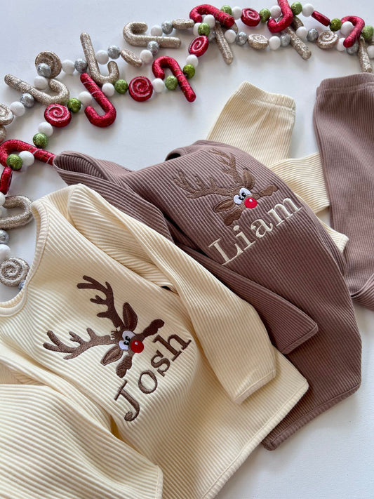 Luxurious family Christmas Reindeer Lounge Set by DreamBuy featuring custom embroidered festive design, perfect for cozy family gatherings and holiday photos.