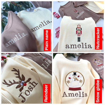 Soft ribbed fabric of the DreamBuy Christmas Reindeer Lounge Set, perfect for comfortable family wear during the festive season.