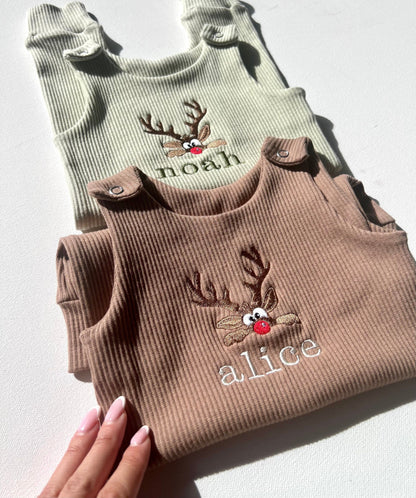 Soft and stylish luxury baby dungarees from DreamBuy with adorable reindeer embroidery, perfect for celebrating first Christmas.