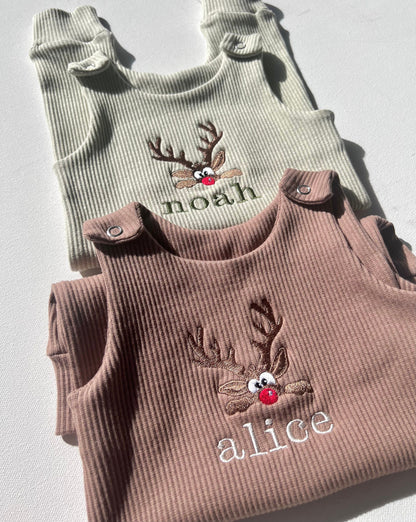 Luxury baby Christmas dungarees from DreamBuy featuring cute embroidered reindeer design, perfect for first Christmas decoration.