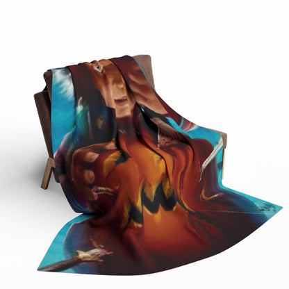 Decorative and Warm Halloween Chucky Spooky Arctic Fleece Blanket draped over a chair, highlighting its striking Halloween design featuring Chucky and a pumpkin, ideal for seasonal decor.