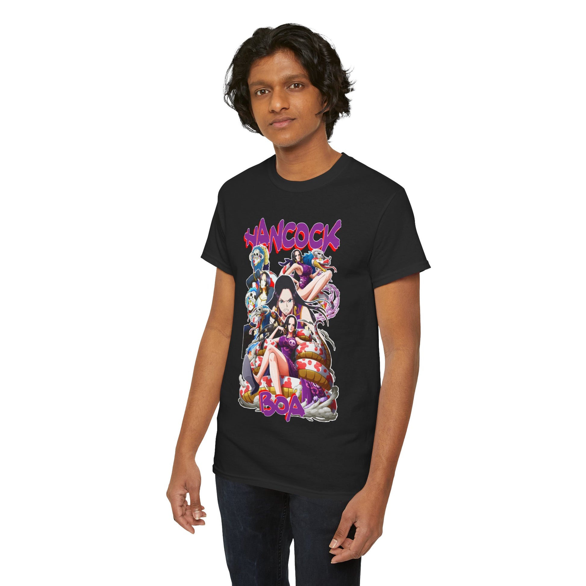 Elegant black T-shirt highlighting an intricate collage of One Piece characters, centred around Boa Hancock, with bold, eye-catching lettering that embodies anime artistry.