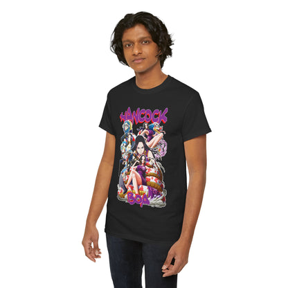 Elegant black T-shirt highlighting an intricate collage of One Piece characters, centred around Boa Hancock, with bold, eye-catching lettering that embodies anime artistry.