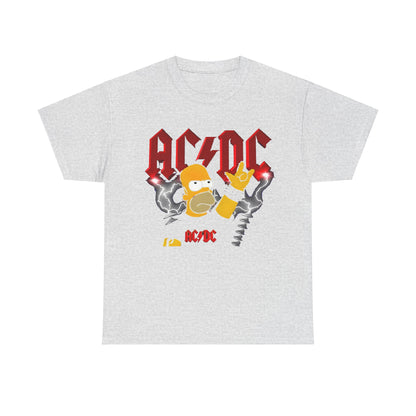 Homer Rock & Roll Unisex Cotton Tee Graphic T Shirt in soft grey depicting Homer Simpson with an iconic rock pose alongside dynamic AC/DC branding and striking lightning bolts.