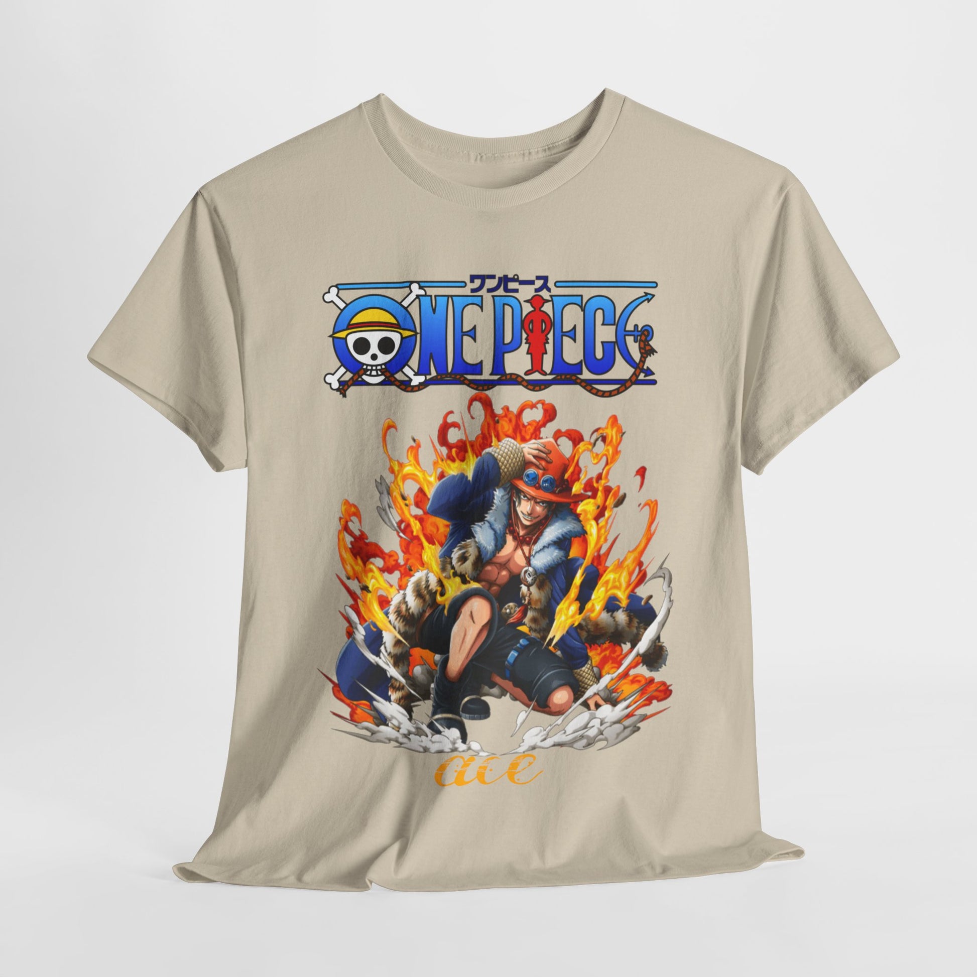 Chic beige men's T-shirt featuring striking artwork of a character in action, framed by the One Piece logo and vivid flames, suitable for bold fashion statements.