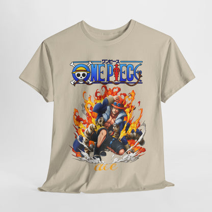 Chic beige men's T-shirt featuring striking artwork of a character in action, framed by the One Piece logo and vivid flames, suitable for bold fashion statements.