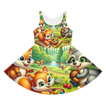 Lola Brielle Girls Sundress by Dazzling Dreams Studio showcasing whimsical forest creatures like a cheerful squirrel, playful raccoon, and curious fox, set against a lush green backdrop, perfect for summer adventures.
