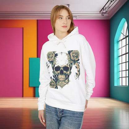 Unisex Lightweight Hooded Sweatshirt with striking skull and roses design in white, perfect for stylish individuals who appreciate edgy aesthetics.