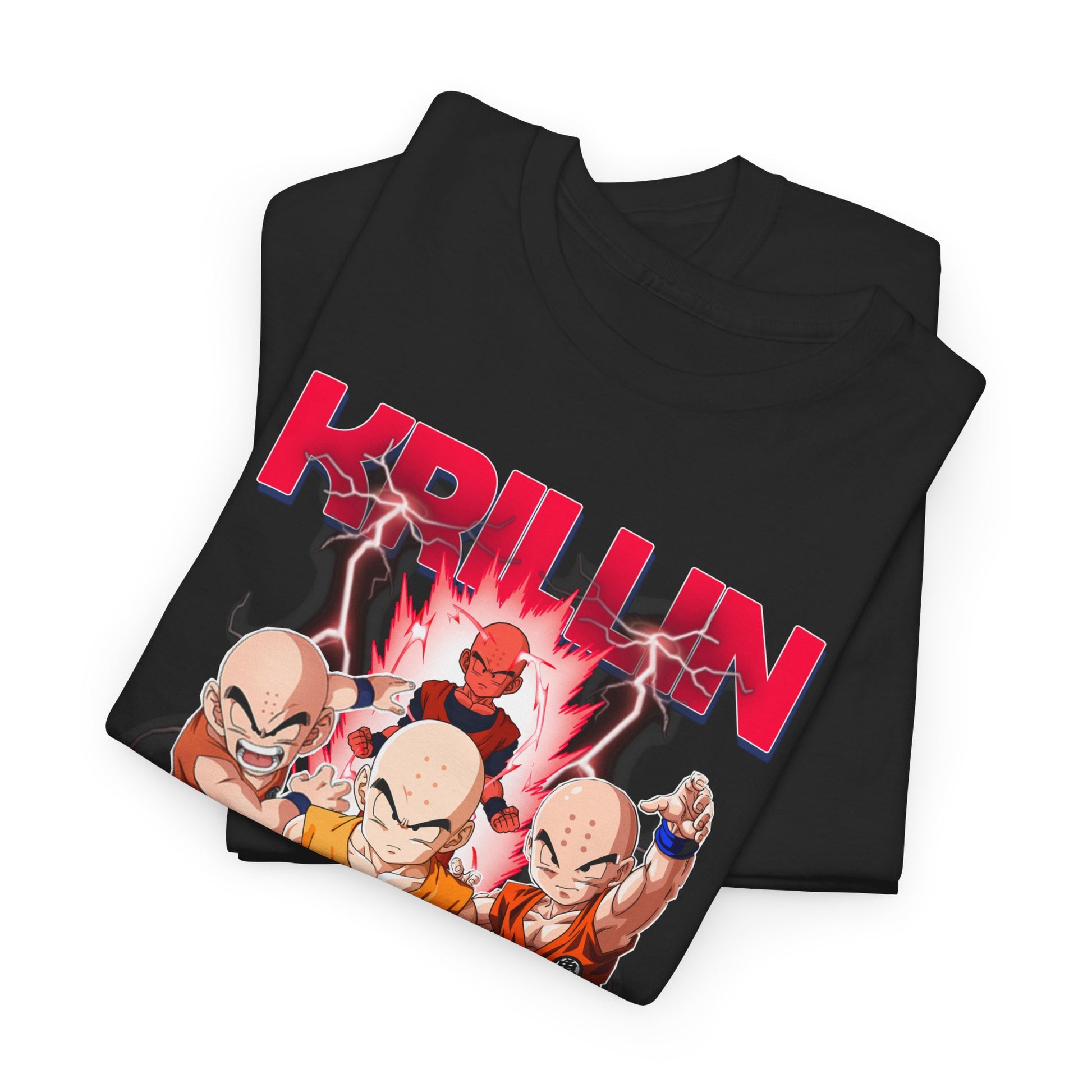 Sophisticated folded black Dragon Ball Z T-shirts displaying Krillin and Z Fighters in bold artwork, ideal for the discerning collector of anime fashion.