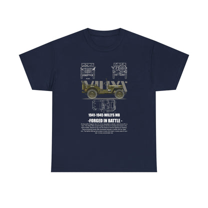 Refined navy blue men's t-shirt displaying the distinguished 1941-1945 Willys MB military jeep graphic, ideal for stylish history aficionados.