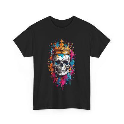 Elegant black men's T-shirt displaying a vibrant skull crowned with golden embellishments, featuring colourful paint splashes, perfect for a bold fashion statement.