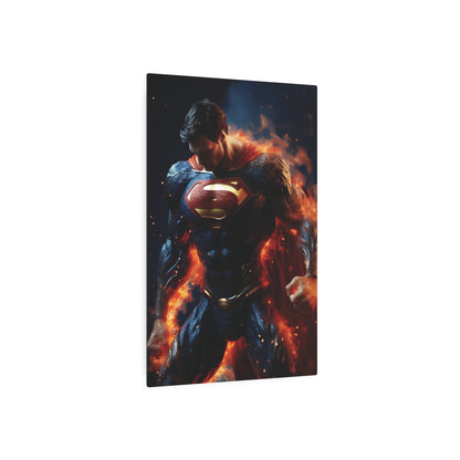 Superman Metal Art Poster - a stunning side view of Superman amidst fiery elements, exemplifying courage and power, available in exquisite aluminium for elegant interior design.