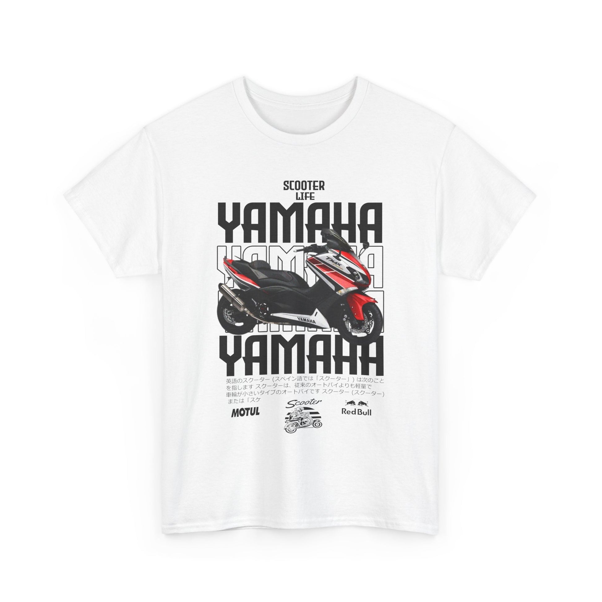 Men's YAMAHA Scooter Life t-shirt in white featuring bold graphics of a stylish scooter and logo designs, perfect for enthusiasts of motorbike culture.