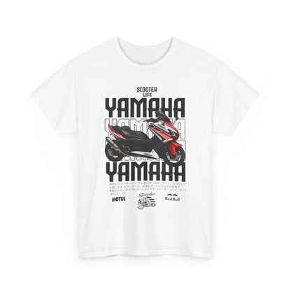 Men's YAMAHA Scooter Life t-shirt in white featuring bold graphics of a stylish scooter and logo designs, perfect for enthusiasts of motorbike culture.