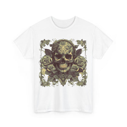 Front view of the Skulls and Roses Cotton Tee in white, featuring a detailed skull and roses graphic, designed for those who appreciate edgy, luxury style.