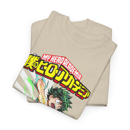 Elegantly folded My Hero Academia Izuku Midoriya T-shirt, featuring bold graphics and vibrant colours on a soft beige fabric.