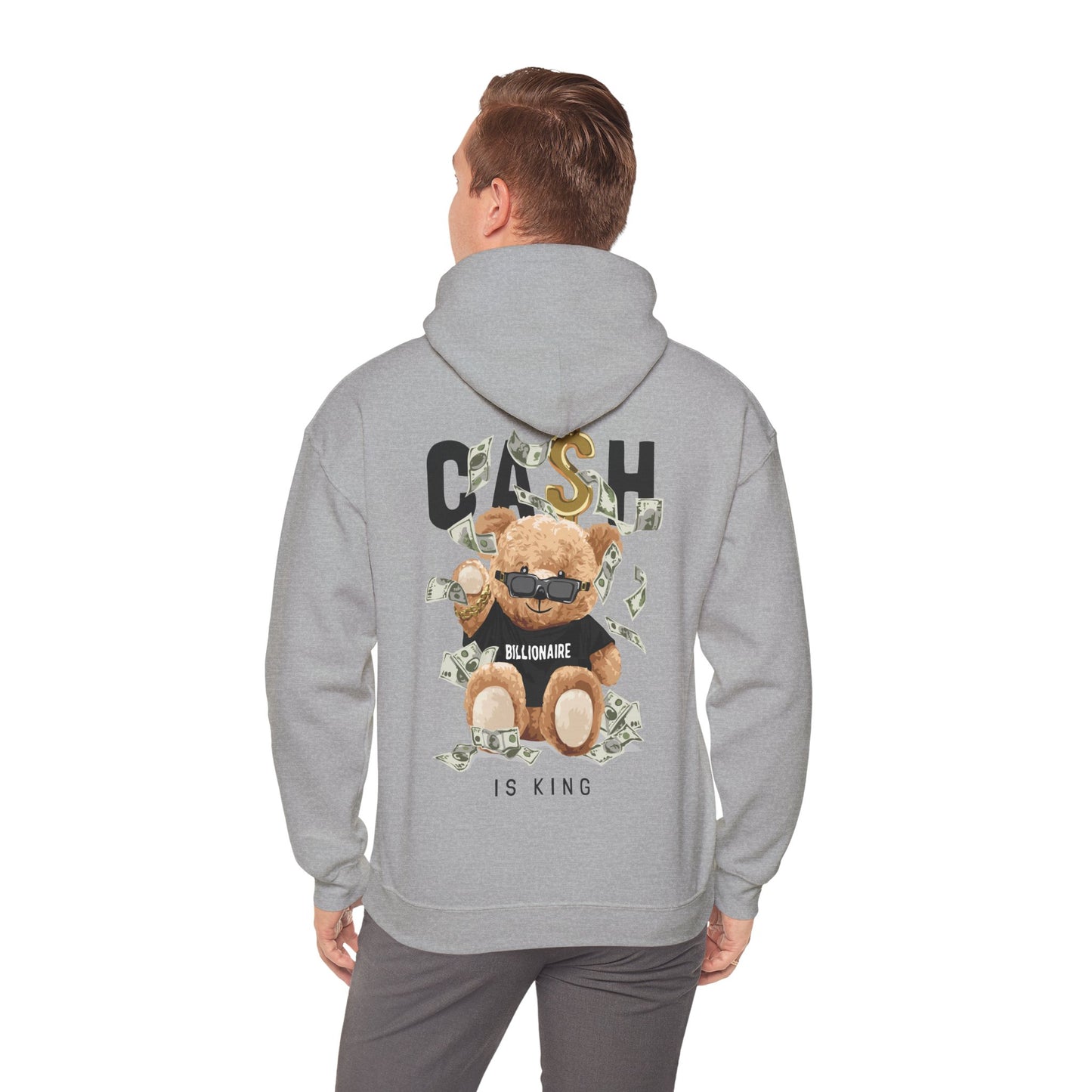 Stylish grey hoodie presented from behind, featuring a whimsical teddy bear graphic that embodies playful luxury and modern streetwear.