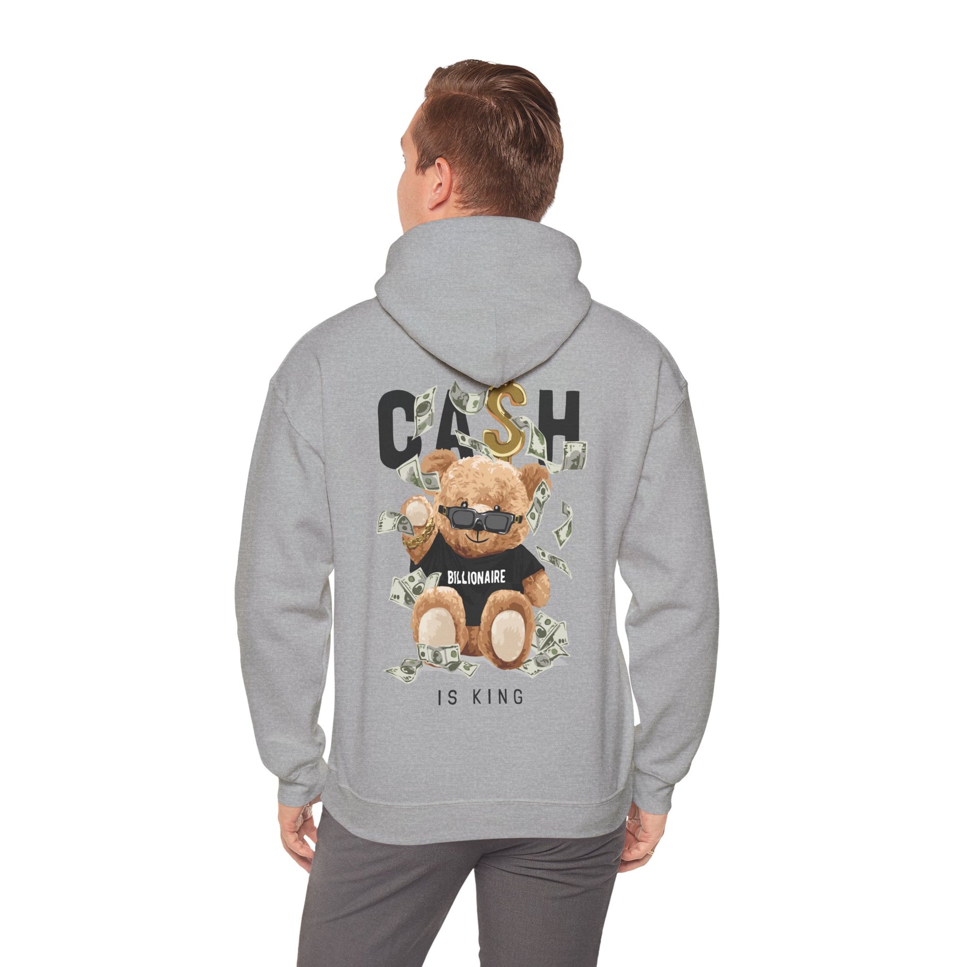 Stylish grey hoodie presented from behind, featuring a whimsical teddy bear graphic that embodies playful luxury and modern streetwear.