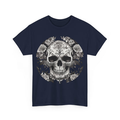Close-up view of the Skulls and Roses Cotton Tee, Unisex Graphic Shirt, displaying intricate skull and rose artwork.