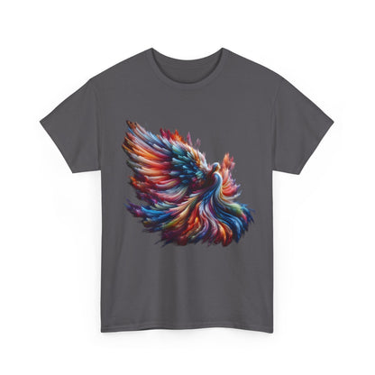 Majestic Angel Graphic Unisex T-Shirt front view featuring vibrant abstract phoenix art in flowing multicolours, an exquisite statement piece.