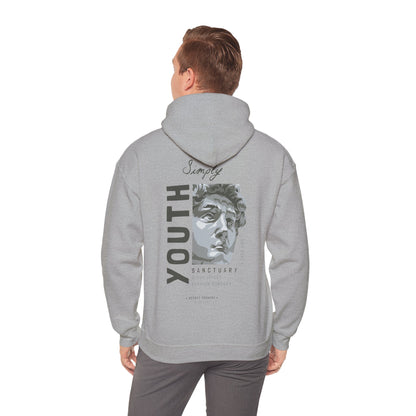 Urban Sanctuary Youth Hoodie in grey, showcasing a contemporary back print with 'YOUTH' and a sculpted bust, ideal for those seeking a blend of sophistication and casual flair.