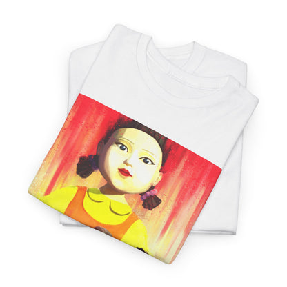 Folded luxury white t-shirt with a striking Squid Game graphic, an essential statement piece for contemporary wardrobes.