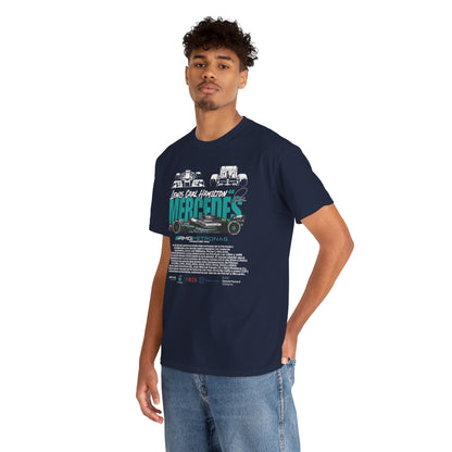 Stylish model wearing the Mercedes F1 tribute t-shirt, elegantly showcasing the graphic featuring 'Lewis Carl Hamilton 44', against a bright background.