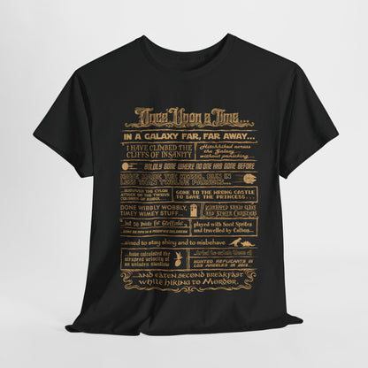 Once Upon a Time Graphic T-Shirt featuring a vintage unisex cotton tee adorned with an intricate galactic adventures print in gold on a classic black background, perfect for lovers of narrative artistry and high fashion.
