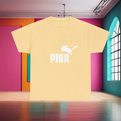 Sophisticated yellow unisex t-shirt featuring a prominent Pokemon character Puma logo, made from luxurious cotton for a fashionable everyday look.