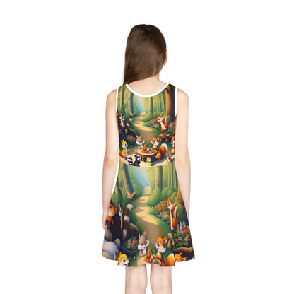 Sienna Sparrow Girls Woodland Animal Sundress by Dazzling Dreams Studio on display in a sunny outdoor setting, highlighting its vibrant colours and festive charm.