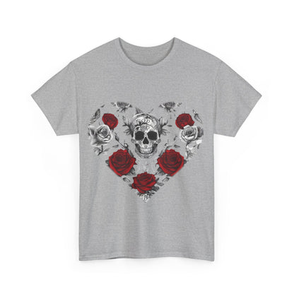 Front view of the Skulls and Roses Cotton Tee, Unisex Graphic Shirt, highlighting an elegant skull and rose design on a grey backdrop.