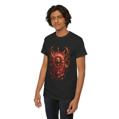 Refined black t-shirt on a male model, highlighting the detailed Warhammer graphic design, ideal for enthusiasts of fantasy and unique artistic styles.