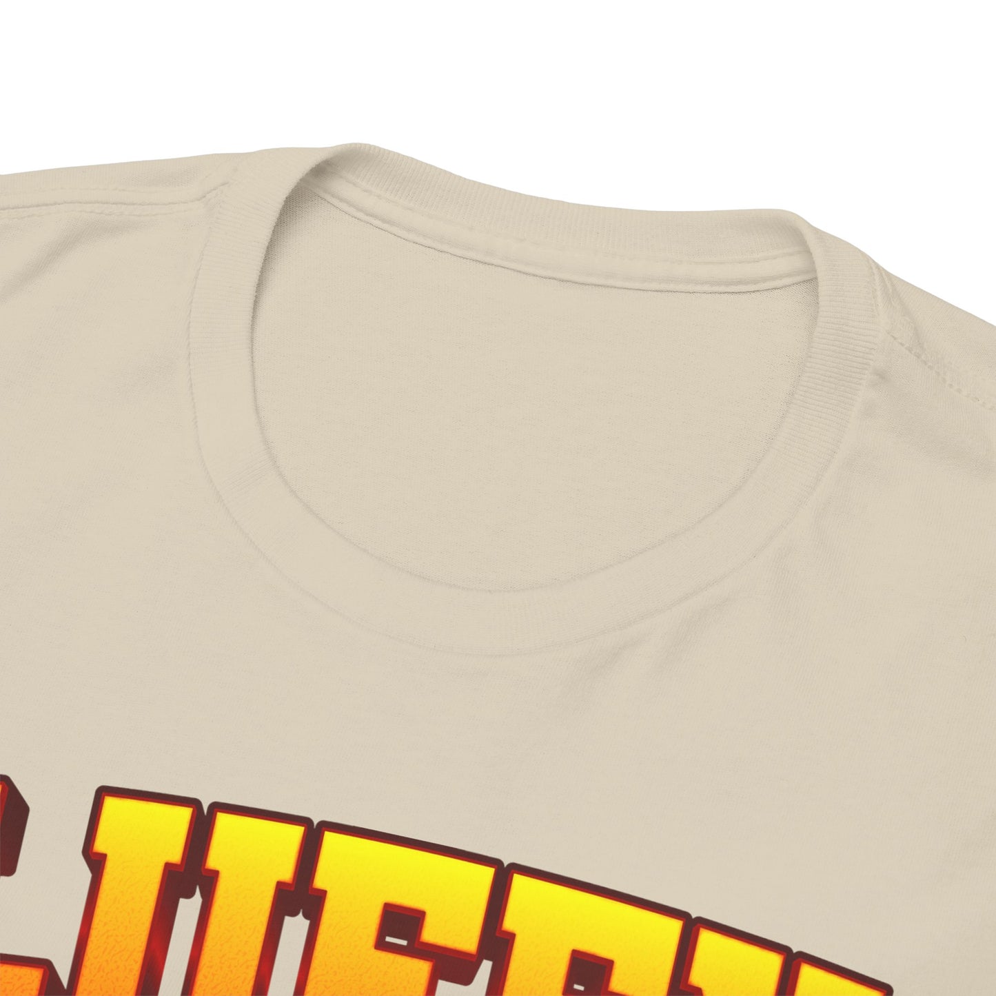 Close-up view of the neckline of a men's graphic t-shirt featuring bold 'LUFFY' lettering in a striking yellow hue, perfect for fans of trendy anime fashion.
