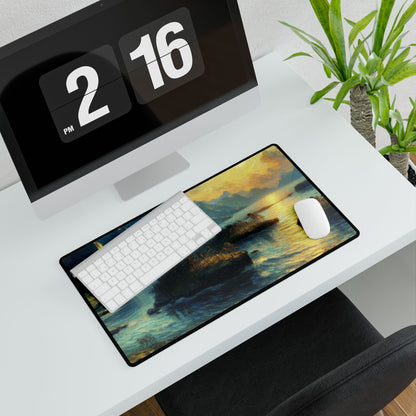 Chic workspace showcasing the 'Munchian Euphoric Whimsy' desk mat with a mouse and keyboard, set against a contemporary desk aesthetic.