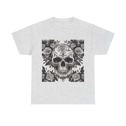 Skulls and Roses Cotton Tee - Luxurious unisex graphic shirt featuring intricate skull and rose artwork on a grey fabric.