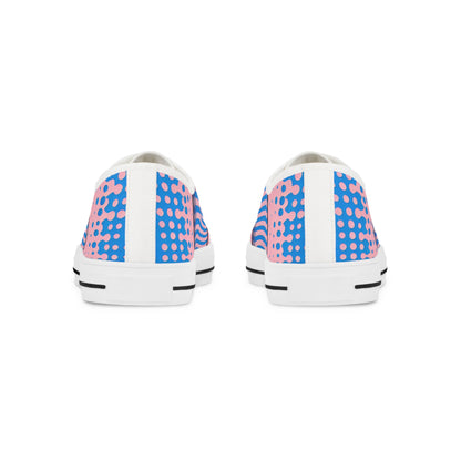 Close-up detail of the exquisite pastel pink pinstripes on Zara Boltstrike luxury men's sneakers by Dazzling Dreams Studio.