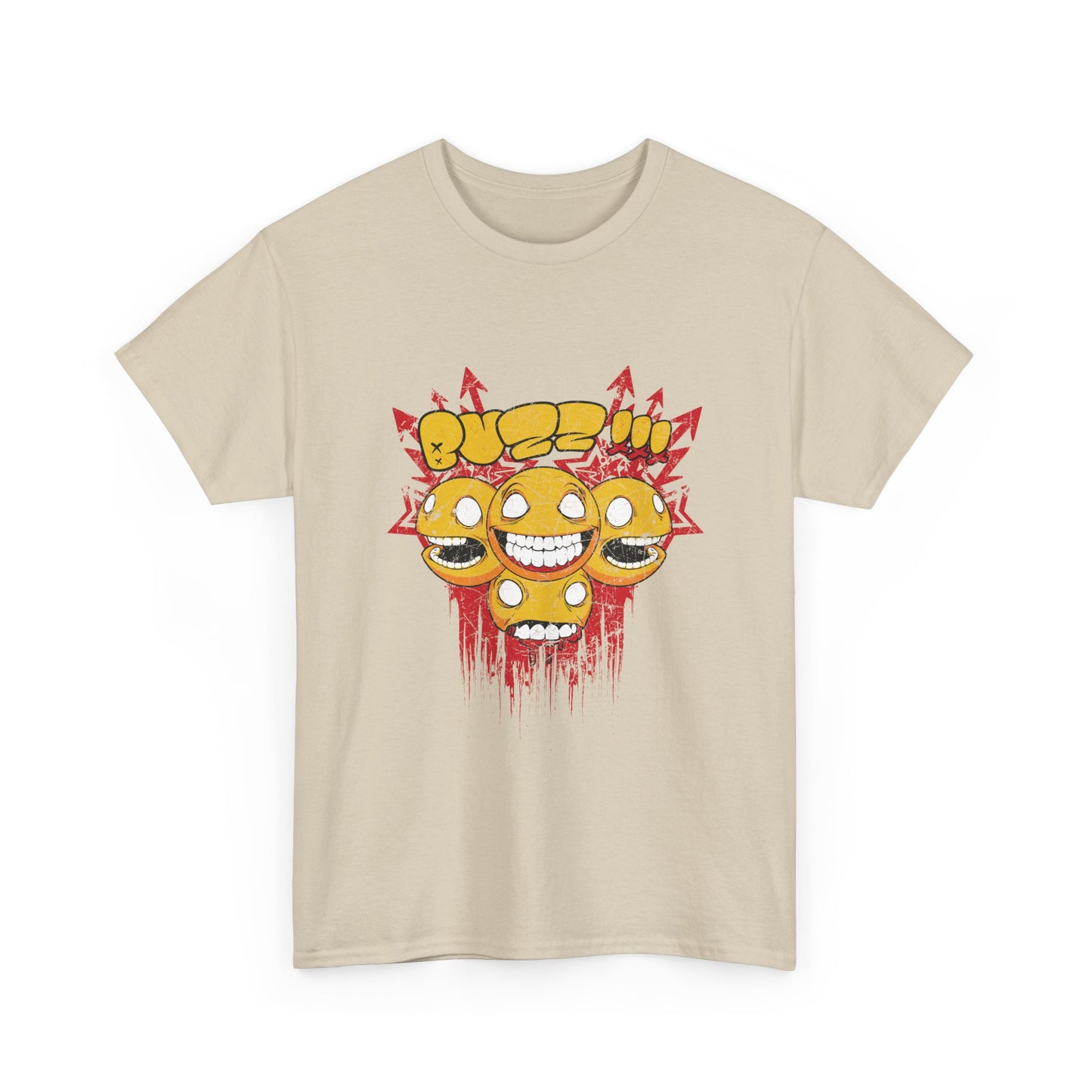 Luxurious men's graphic t-shirt featuring vibrant yellow smiley faces and a striking edgy design with bold red accents, embodying playful rebellion.