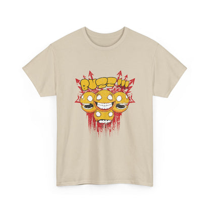 Luxurious men's graphic t-shirt featuring vibrant yellow smiley faces and a striking edgy design with bold red accents, embodying playful rebellion.