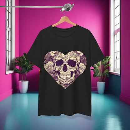 Stylish display of the Skulls and Roses Cotton Tee hanging in a contemporary interior, highlighting its fashionable and edgy look.