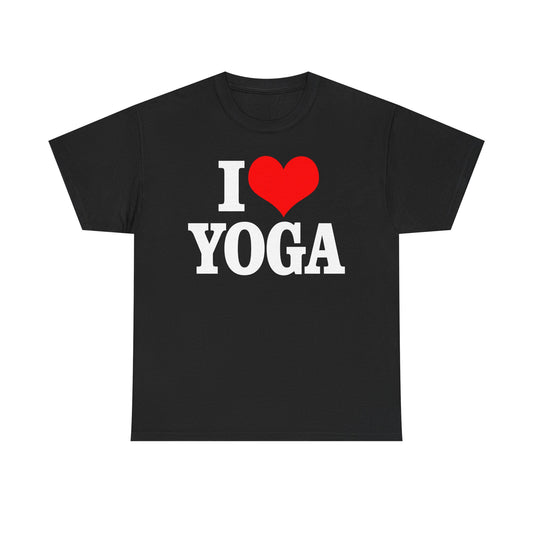 Elegant black I Love Yoga t-shirt featuring striking white lettering and a radiant red heart graphic, designed for those who cherish their yoga practice.