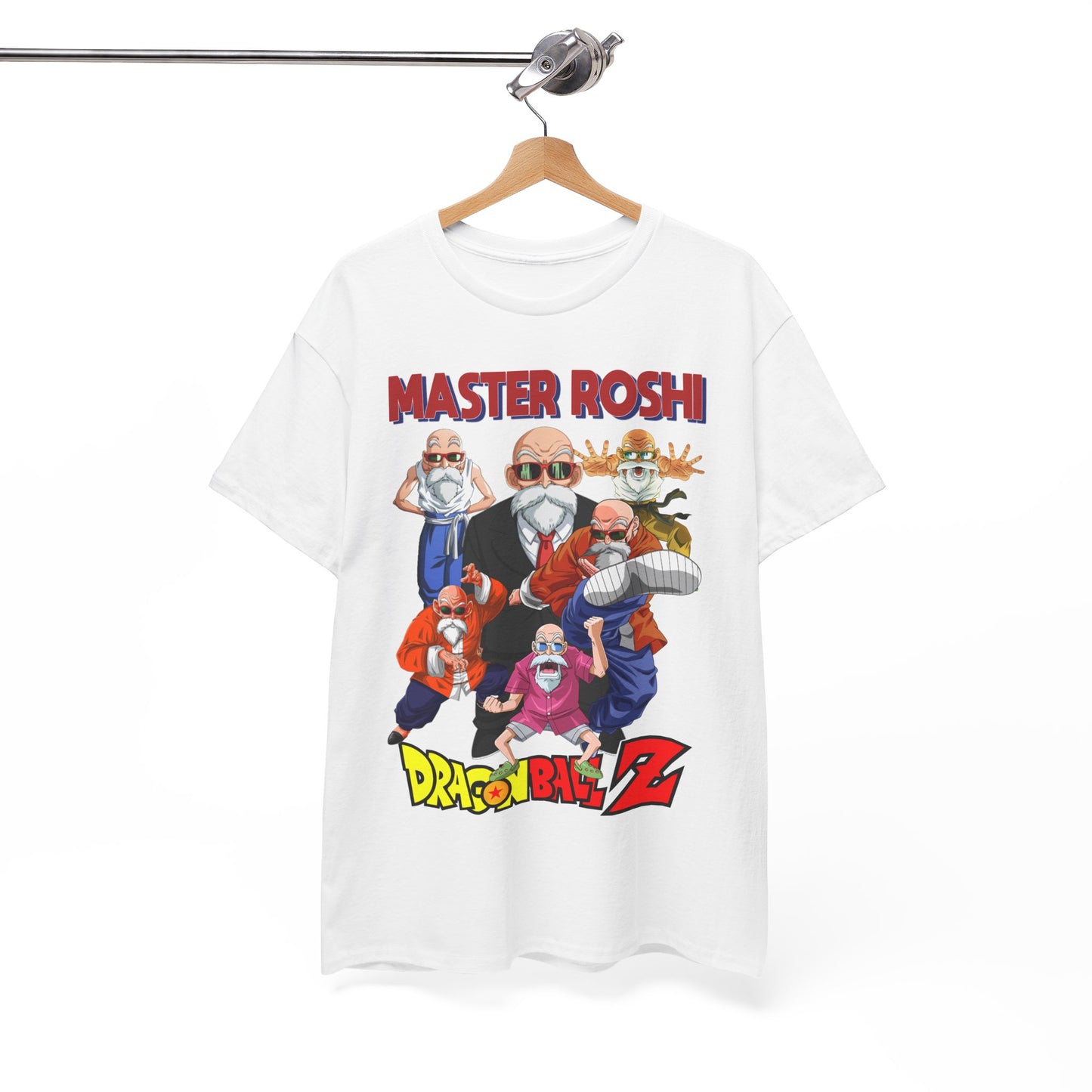 Master Roshi Dragon Ball Z graphic T-shirt elegantly displayed on a hanger, featuring eye-catching art that celebrates the iconic character in a luxurious, casual style.