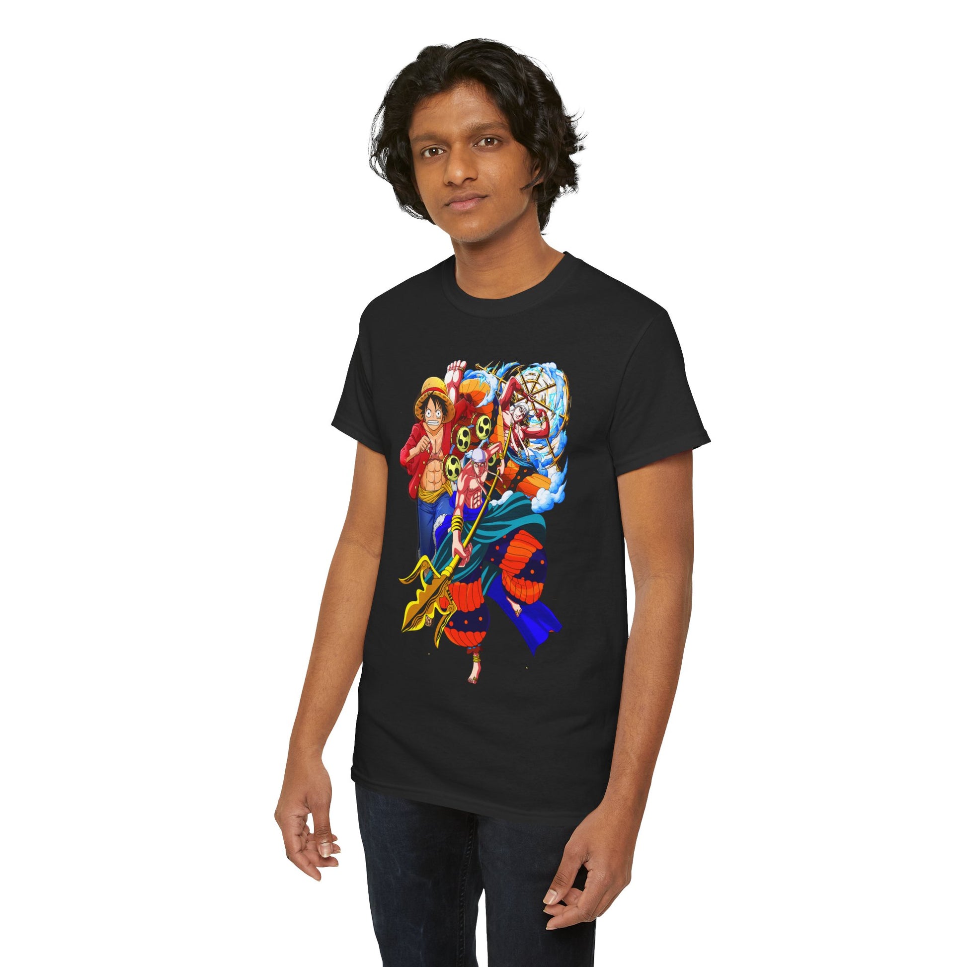 Luxurious men's black t-shirt featuring bold anime art, showcasing dynamic characters in vivid colours, perfect for fashion-forward anime enthusiasts.