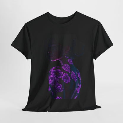 High-quality image of the 'Tattooed Beauty' funny graphic unisex t-shirt featuring a captivating design of a woman's back adorned with vibrant purple floral tattoos, set against a sleek black fabric.